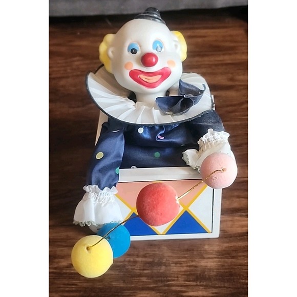 Vintage Clown Porcelain Music Box Emson Blue Red Yellow Circus - Picture 1 of 5